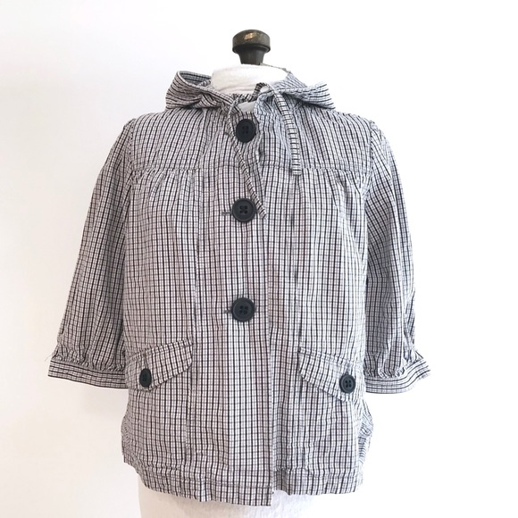 Roxy Black & White Plaid Button Front Hooded Light Spring Jacket - Picture 2 of 15